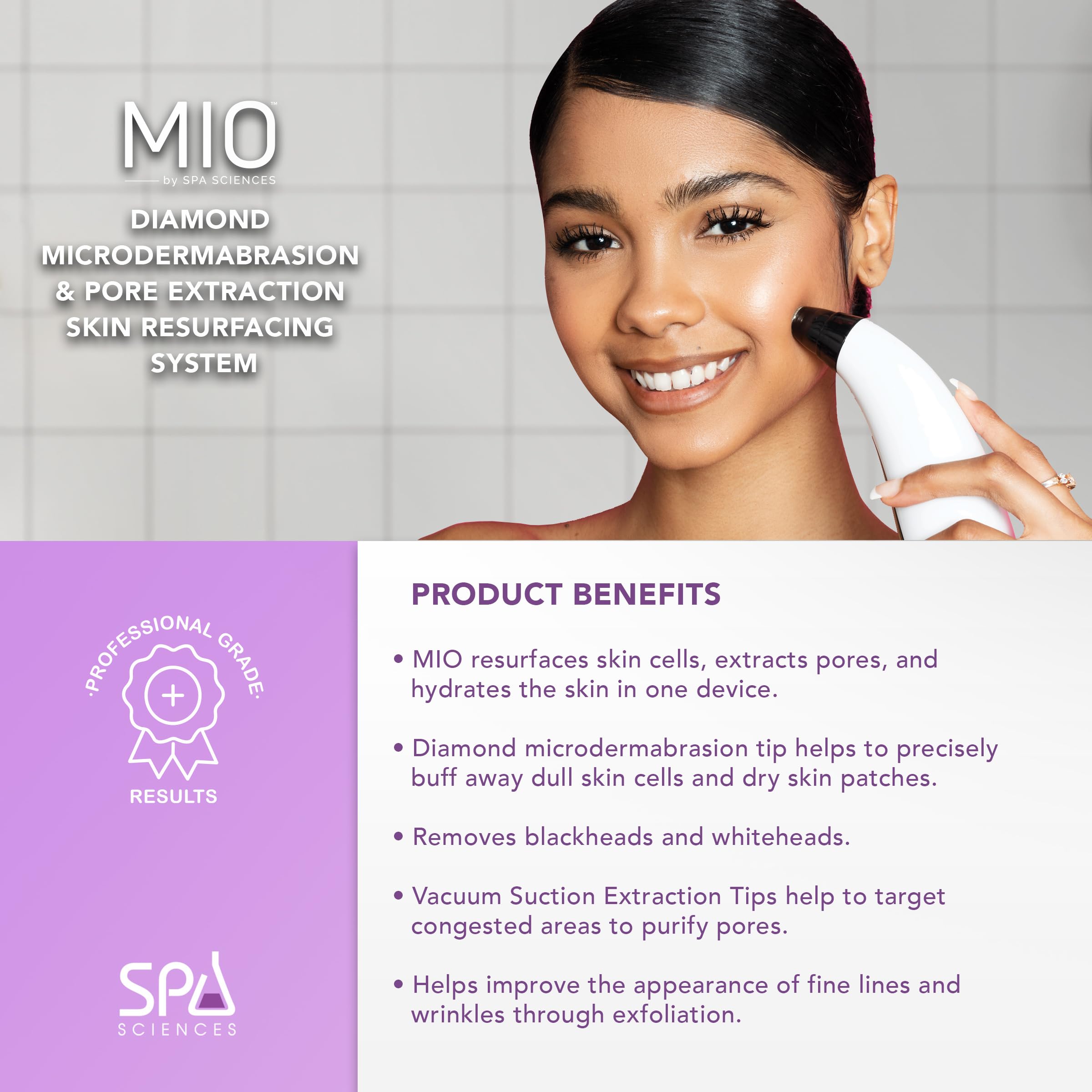 Spa Sciences MIO facial treatment areas on cheeks and forehead for smoother texture.