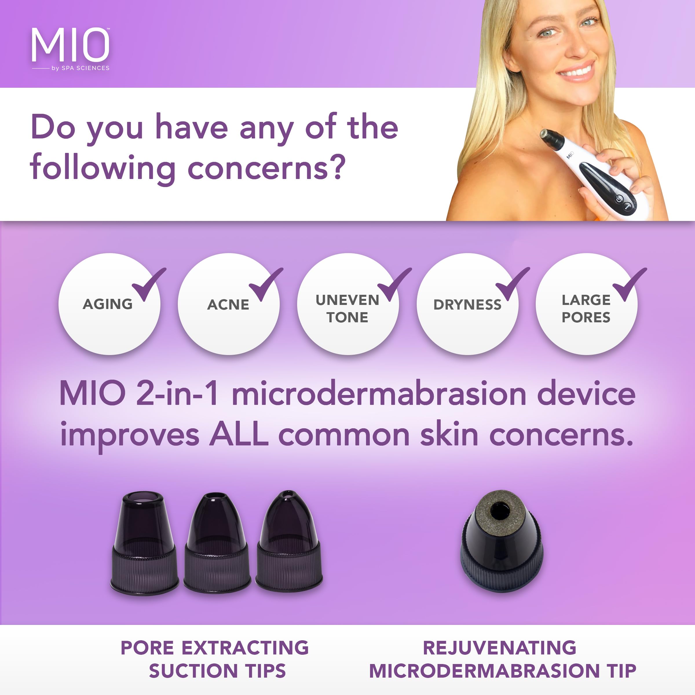 Spa Sciences MIO varied suction tips target congestion on nose and chin.