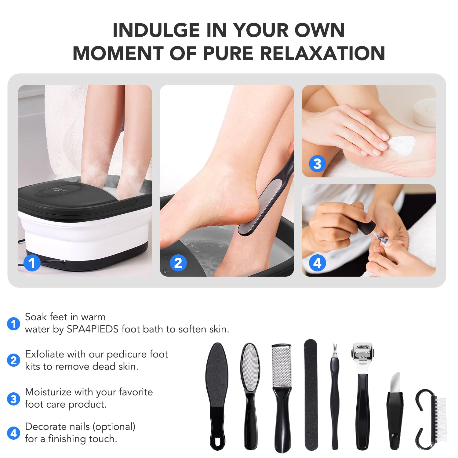 SPA4PIEDS 500W heating delivers quick, warm foot soaks.