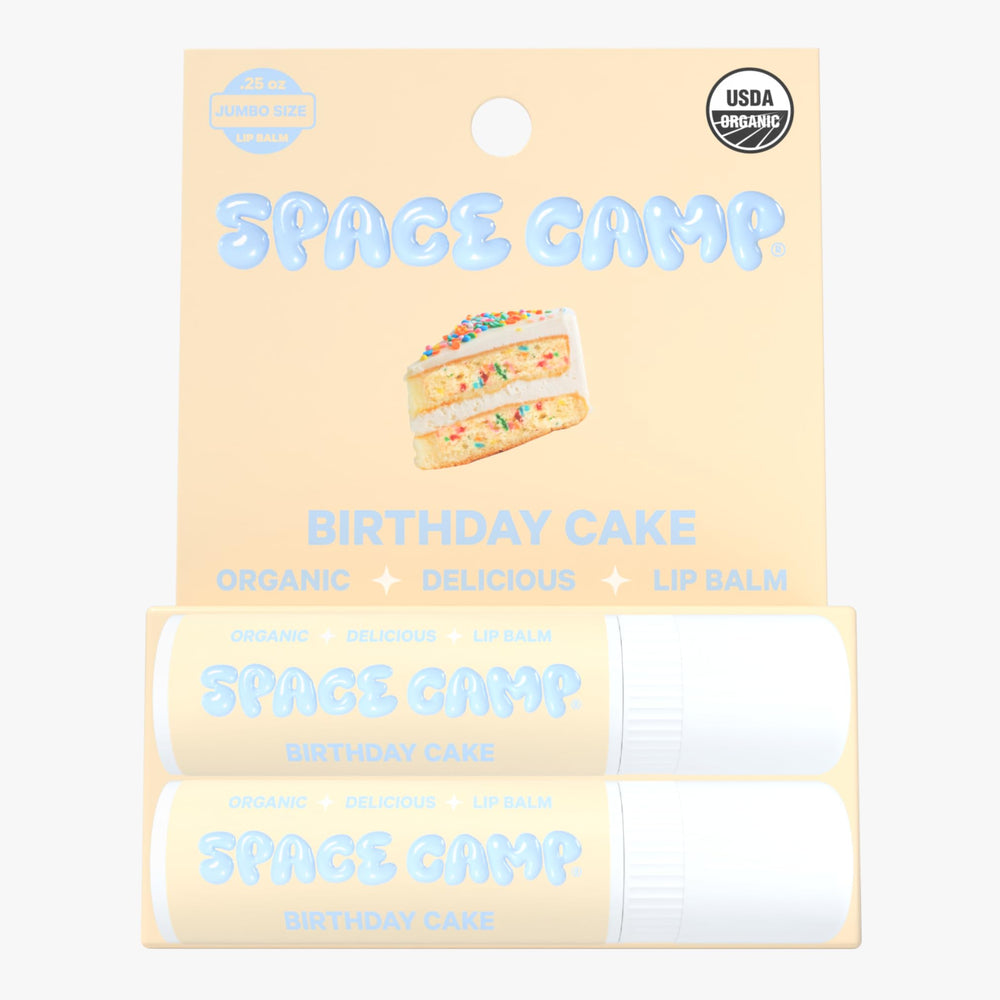 Space Camp Wellness Balm Birthday Cake pack tubes close-up highlighting jumbo size