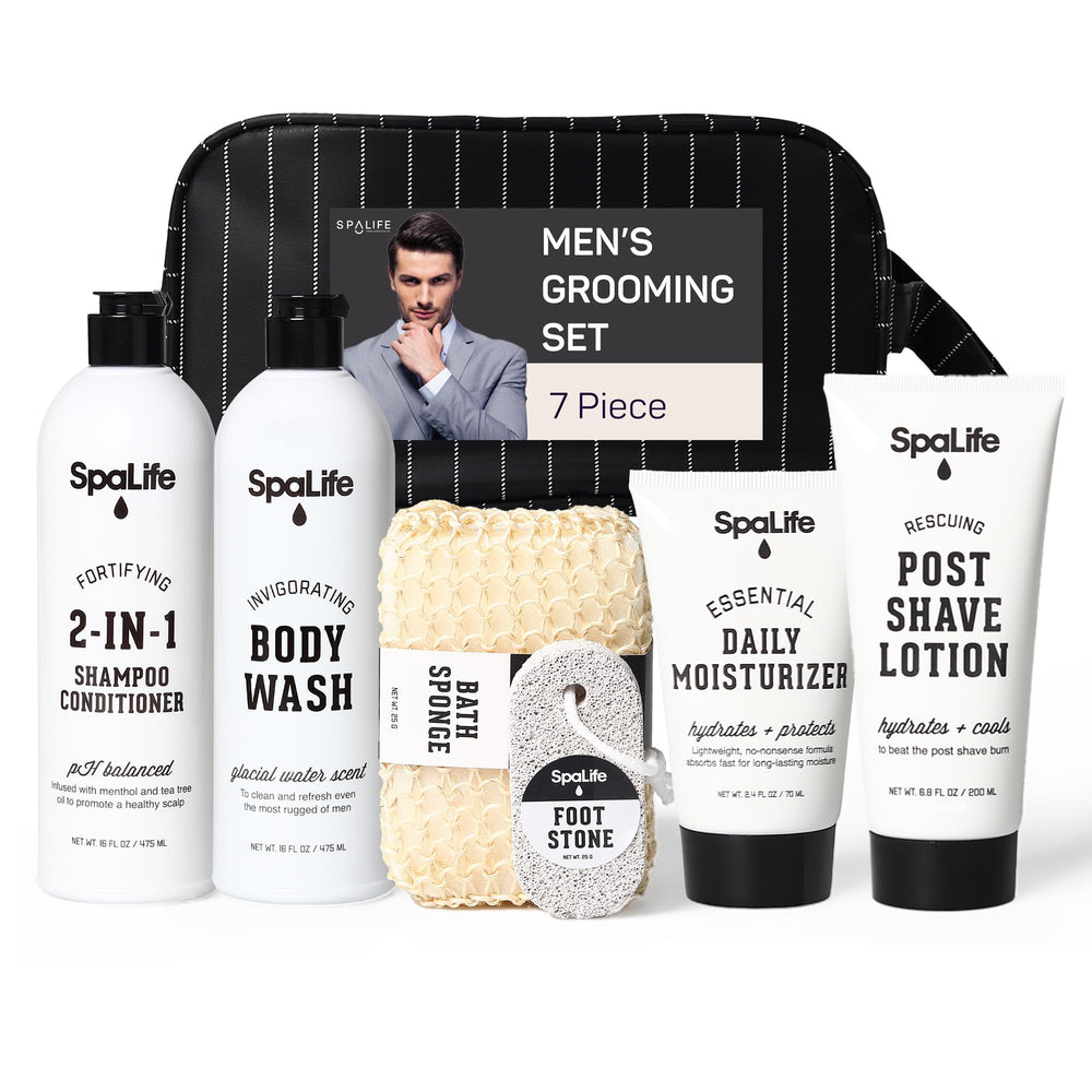 SpaLife 7-piece men's gift set packaging shown with travel-friendly toiletry bag