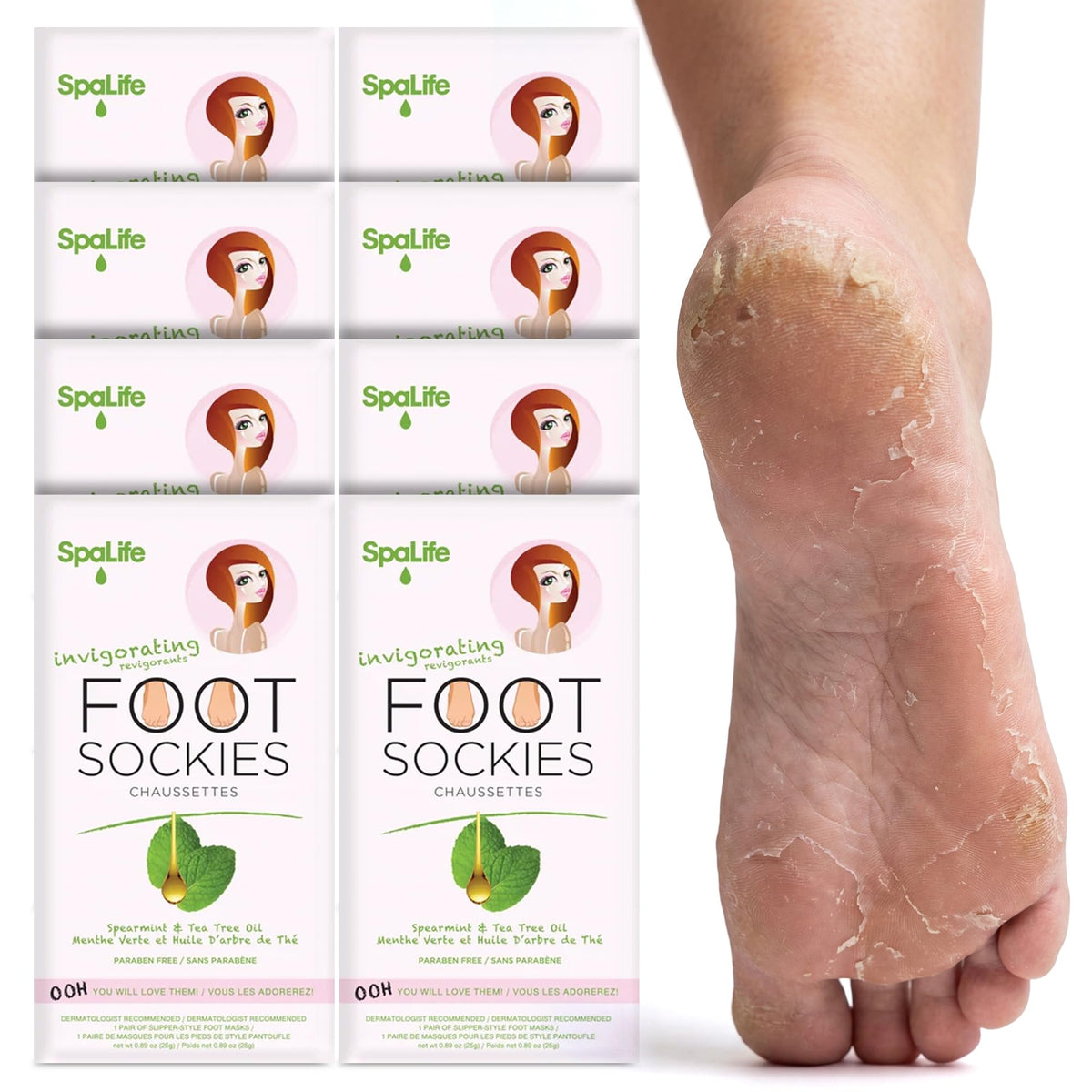 SpaLife Moisturizing Foot Sockies pack shot highlighting intense hydration for dry feet.