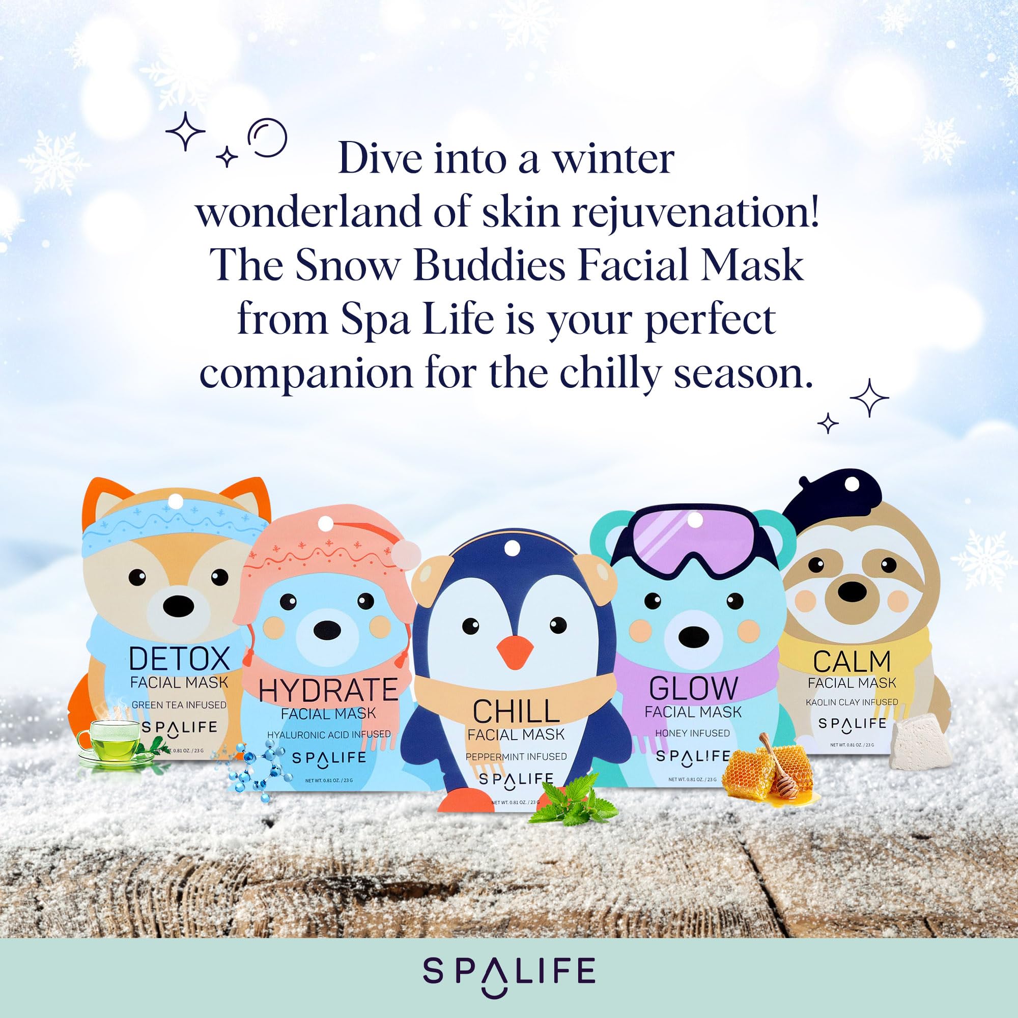SpaLife Snow Buddies sheet mask close-up for daily hydration.