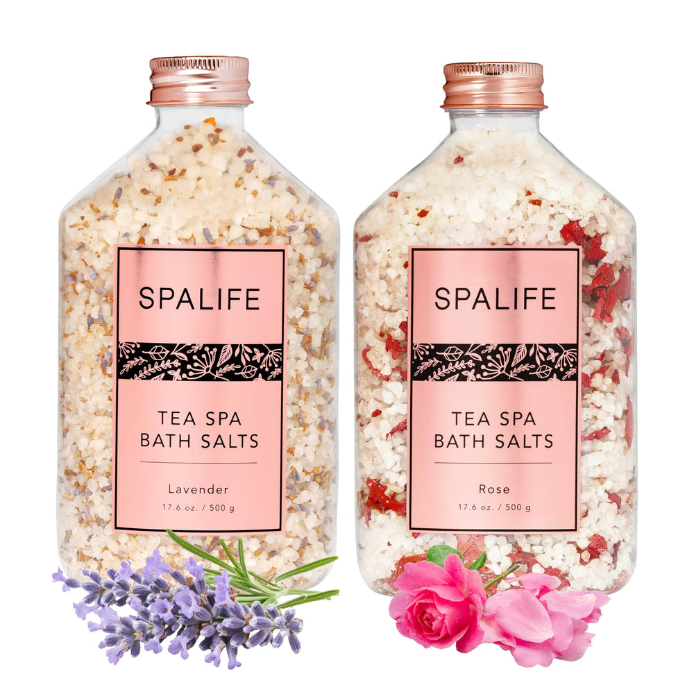 SpaLife Tea Spa Petal-Salts Lavender bottle highlights calming aromatherapy for a relaxing bath.
