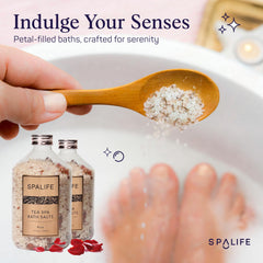 Closeup of SpaLife petals in salts evokes spa-like indulgence and mood uplift.