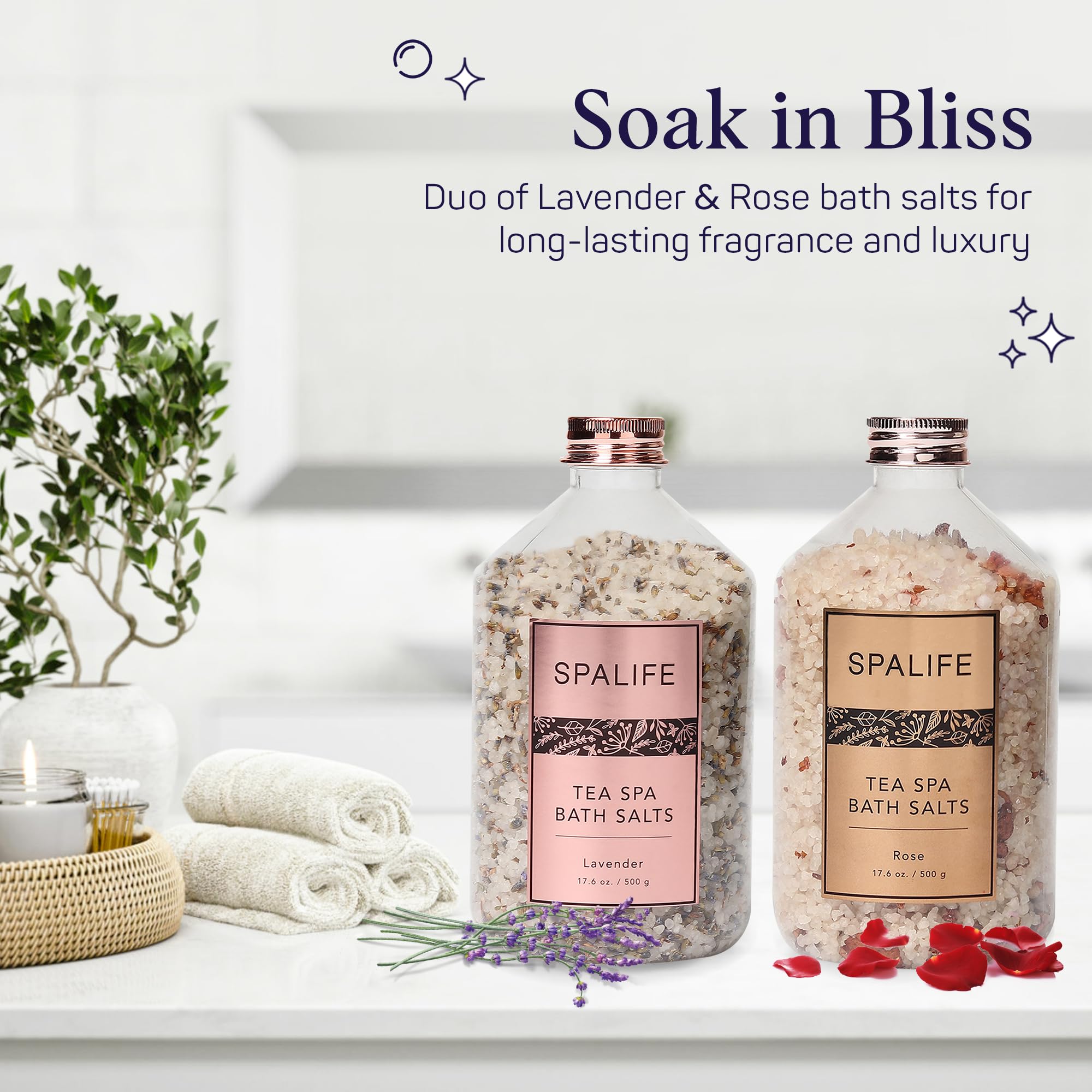 SpaLife Tea Spa Petal-Salts Rose bottle promotes soothing skin care during a gentle soak.