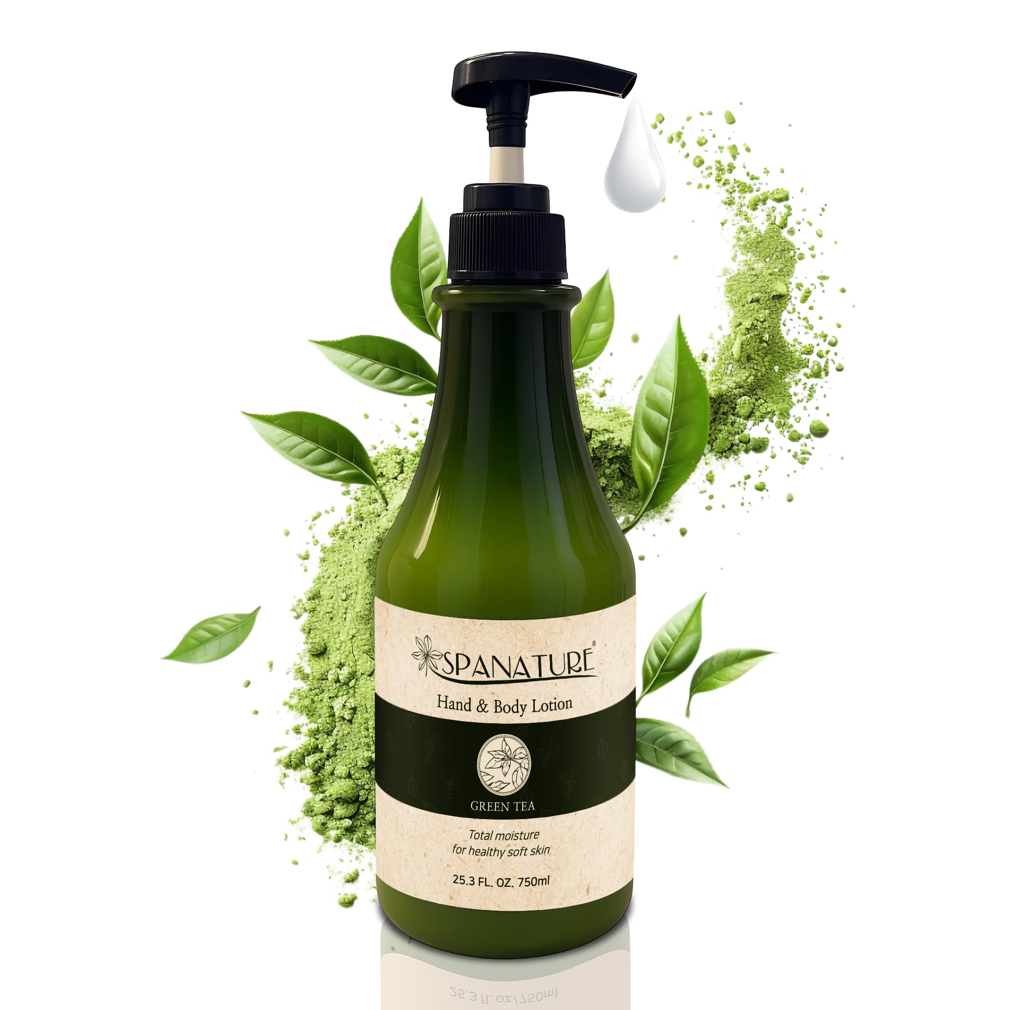 Spanature Green Tea Body Lotion bottle with pump for fast absorption and easy application