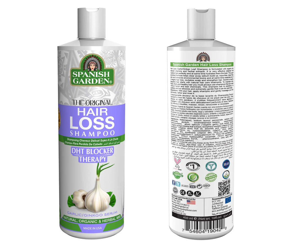 Spanish Garden DHT blocker therapy ingredients highlight organic oils and vitamins for scalp care