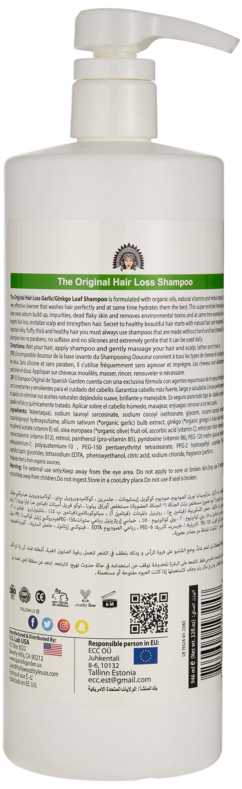 Spanish Garden Original Garlic Hair Loss Shampoo label highlights DHT blocker therapy