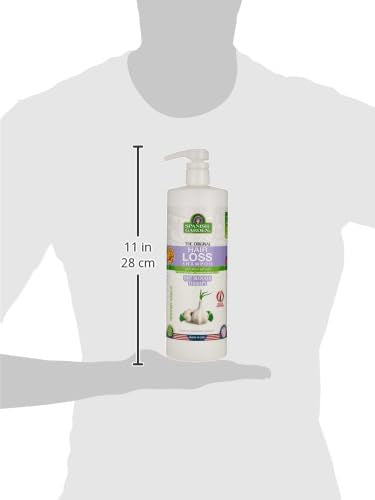 Spanish Garden Original Garlic Hair Loss Shampoo packaging showcases a 946 ml bottle
