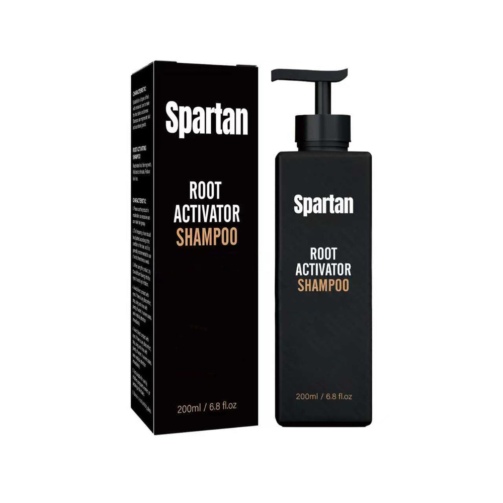 Spartan Root Activator Shampoo bottle highlights a natural formula for vibrant gray hair.