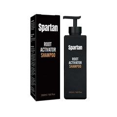 Spartan Root Activator Shampoo bottle highlights a natural formula for vibrant gray hair.