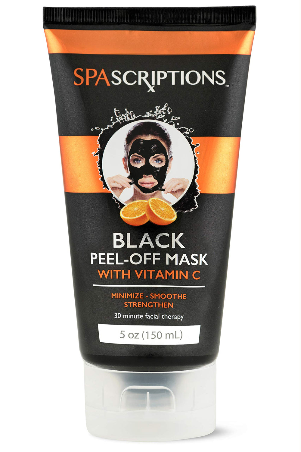 SpaScriptions Black Peel-Off Mask jar close-up shows a brightening formula for radiant skin.
