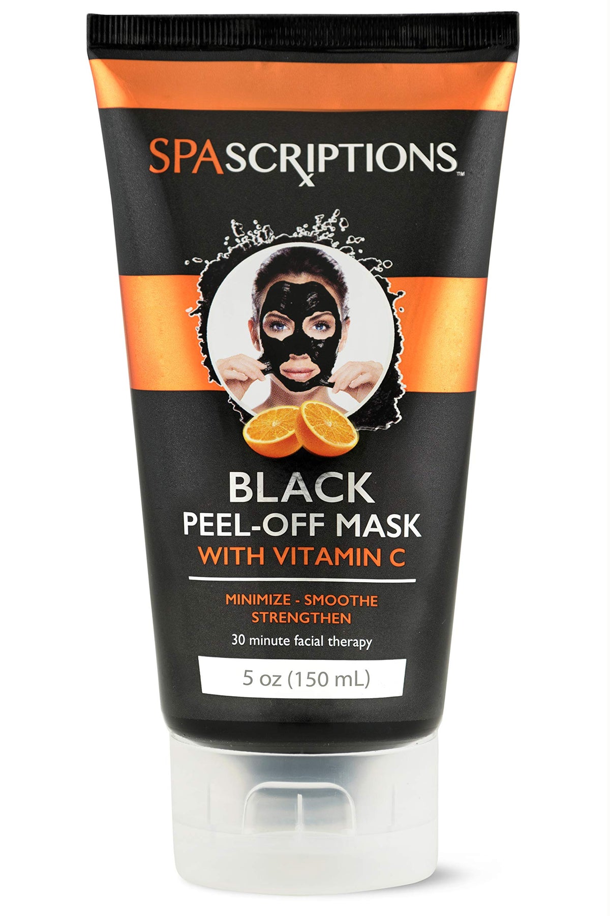 SpaScriptions Black Peel-Off Mask jar close-up shows a brightening formula for radiant skin.