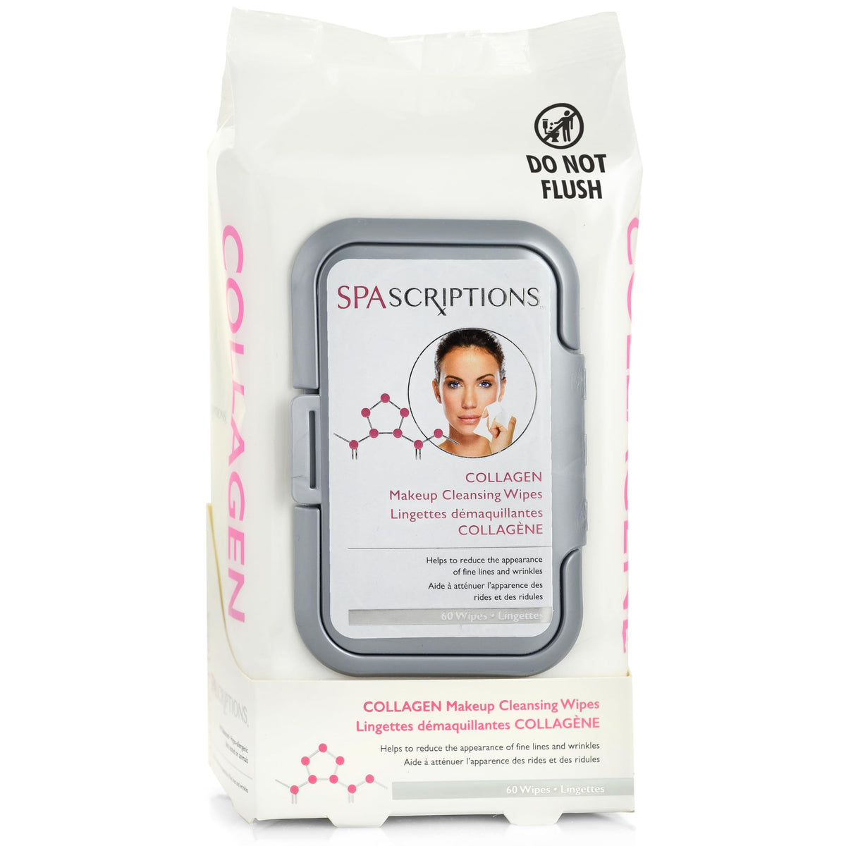 SpaScriptions Collagen Makeup Cleansing Wipes travel pack for quick, hydrating makeup removal.