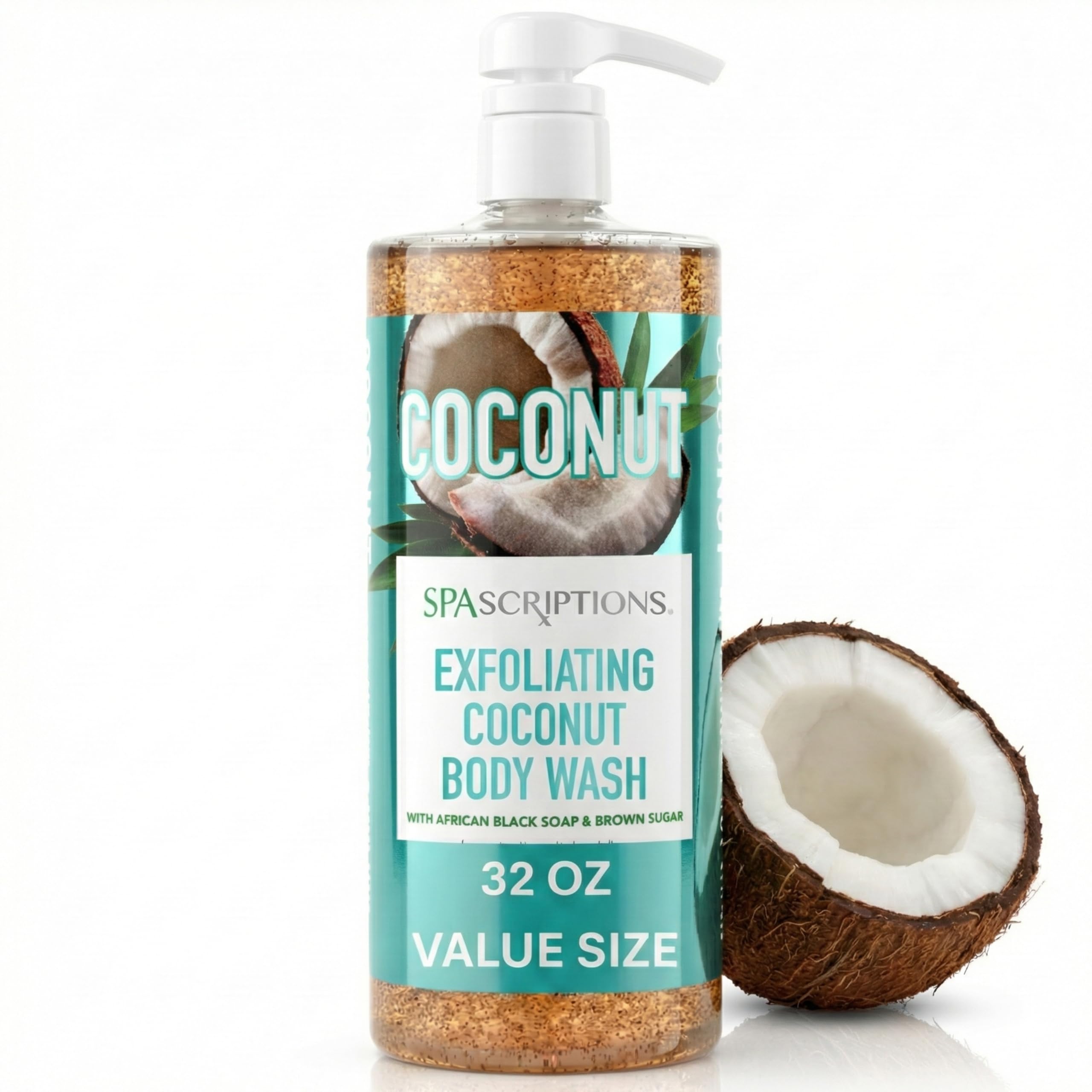 SpaScriptions exfoliating coconut body wash bottle pour showing a refreshing cleanse