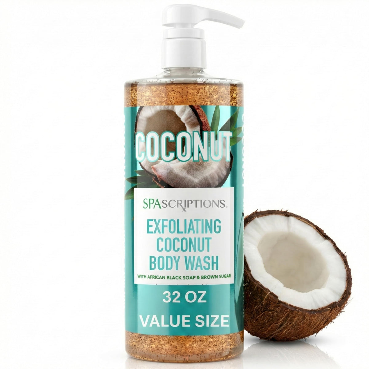 SpaScriptions exfoliating coconut body wash bottle pour showing a refreshing cleanse