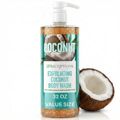 SpaScriptions exfoliating coconut body wash bottle pour showing a refreshing cleanse
