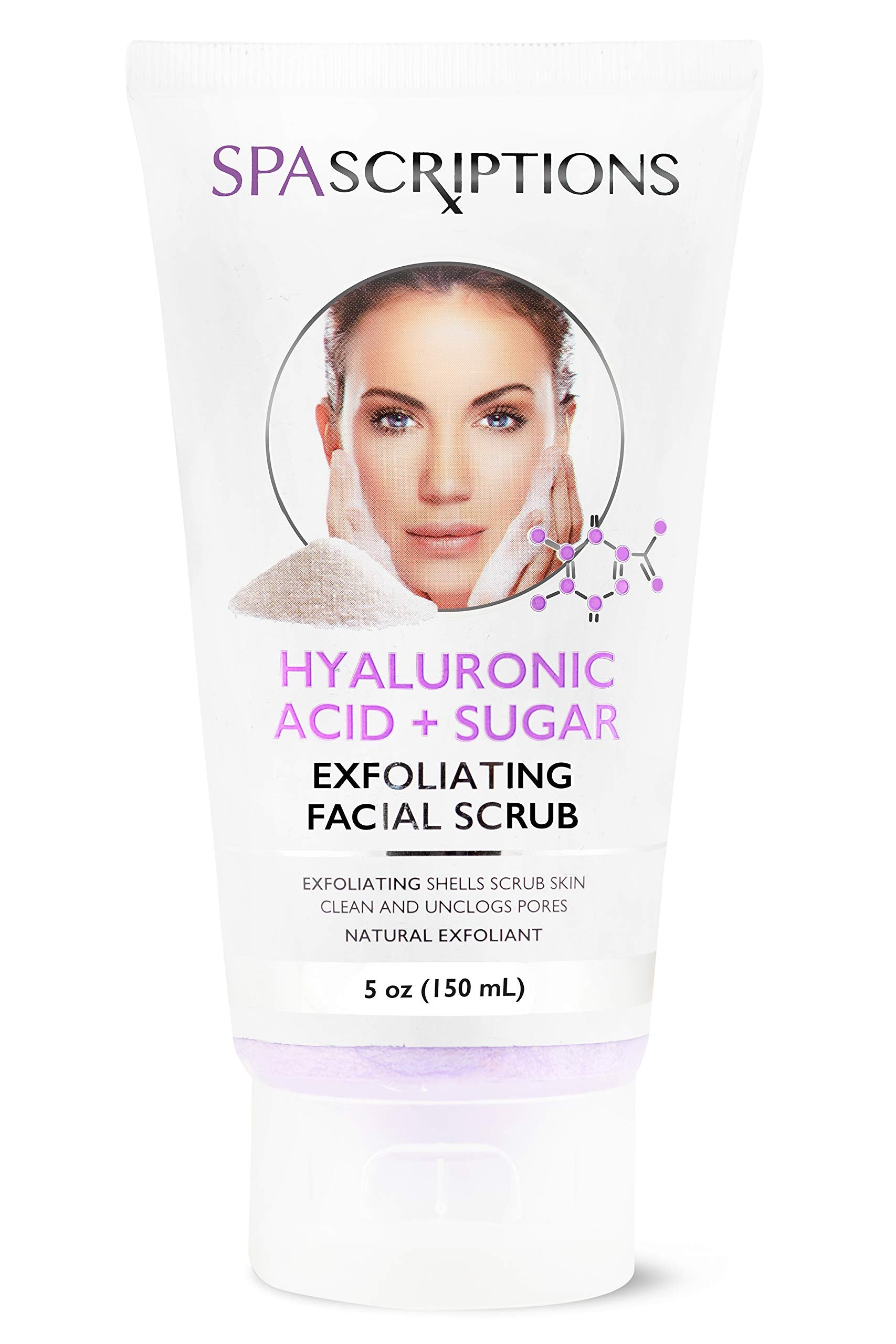 SpaScriptions face exfoliating scrub bottle pour for a refreshing cleanse