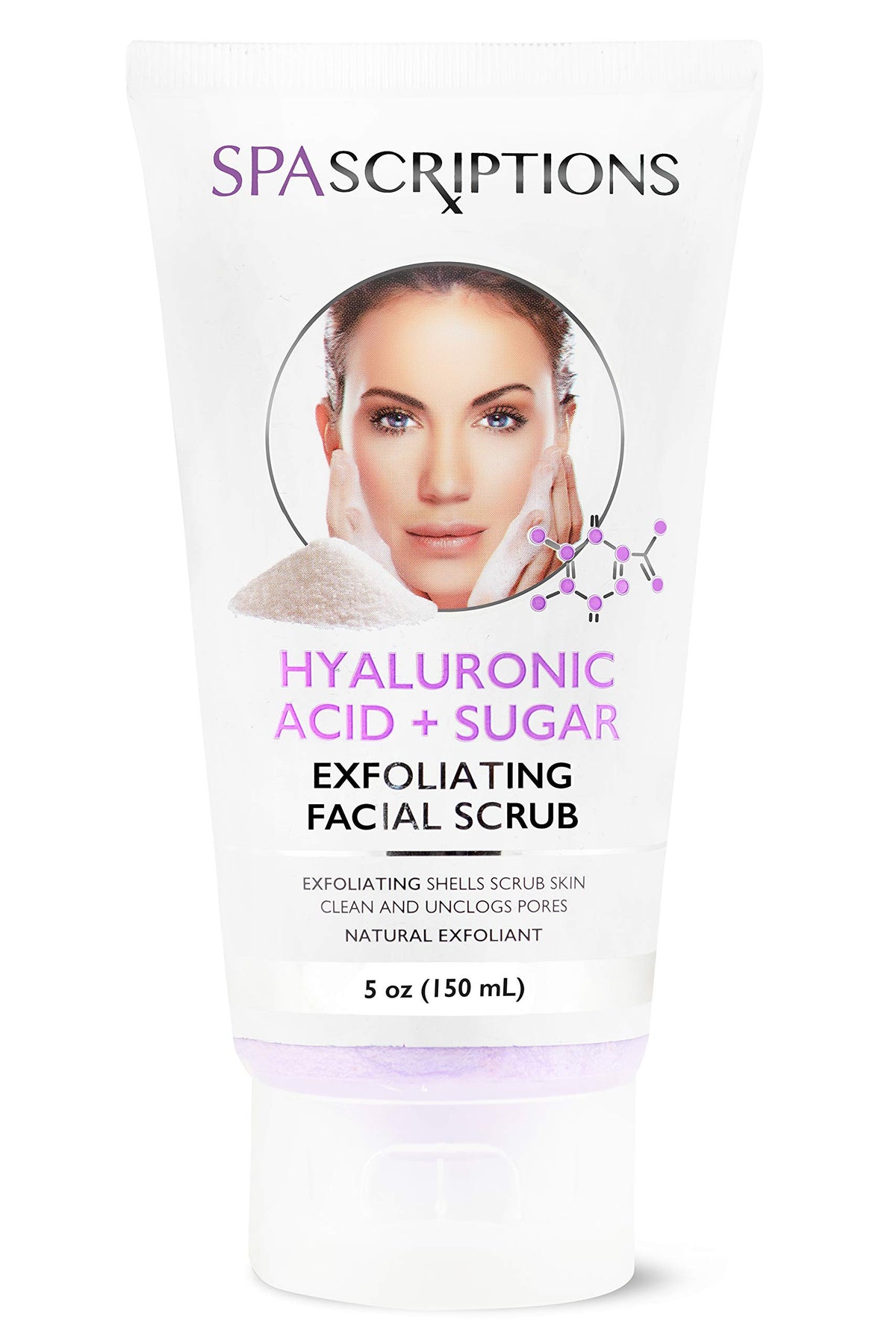 SpaScriptions face exfoliating scrub bottle pour for a refreshing cleanse