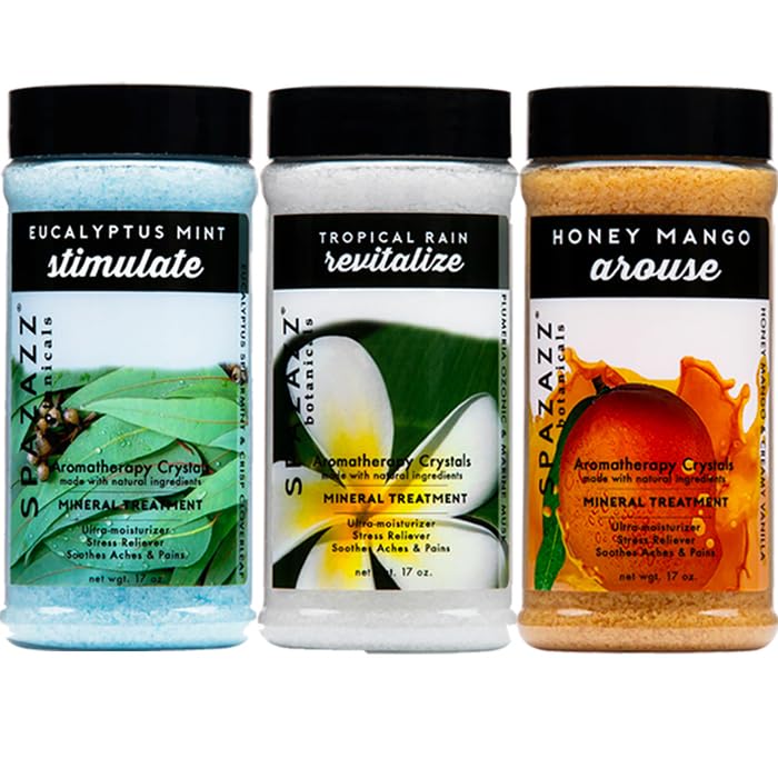 Spazazz 3-pack Eucalyptus Mint bath crystals for refreshing aromatherapy.