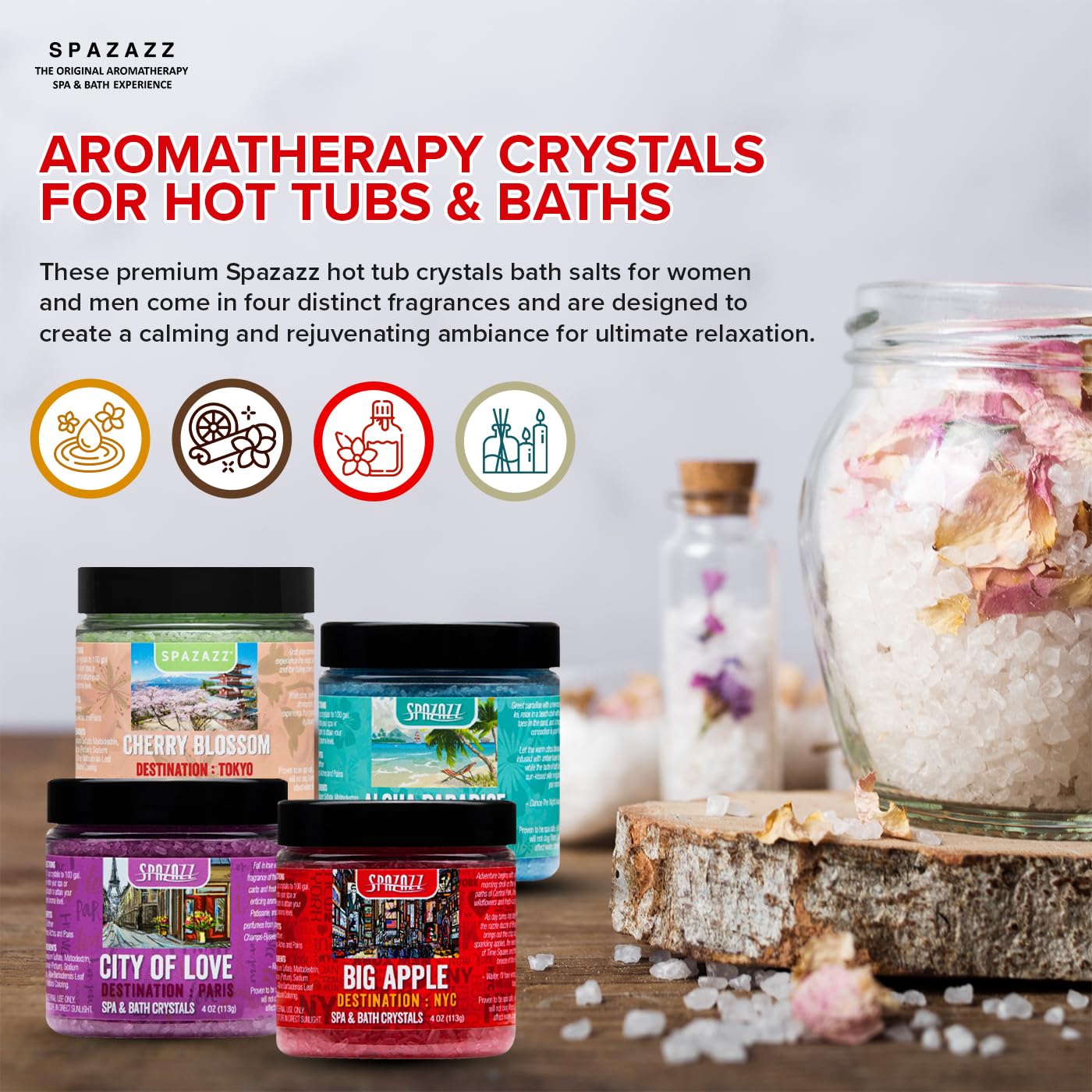 Spazazz Big Apple crystals deliver urban-inspired aroma for a soothing tub experience.