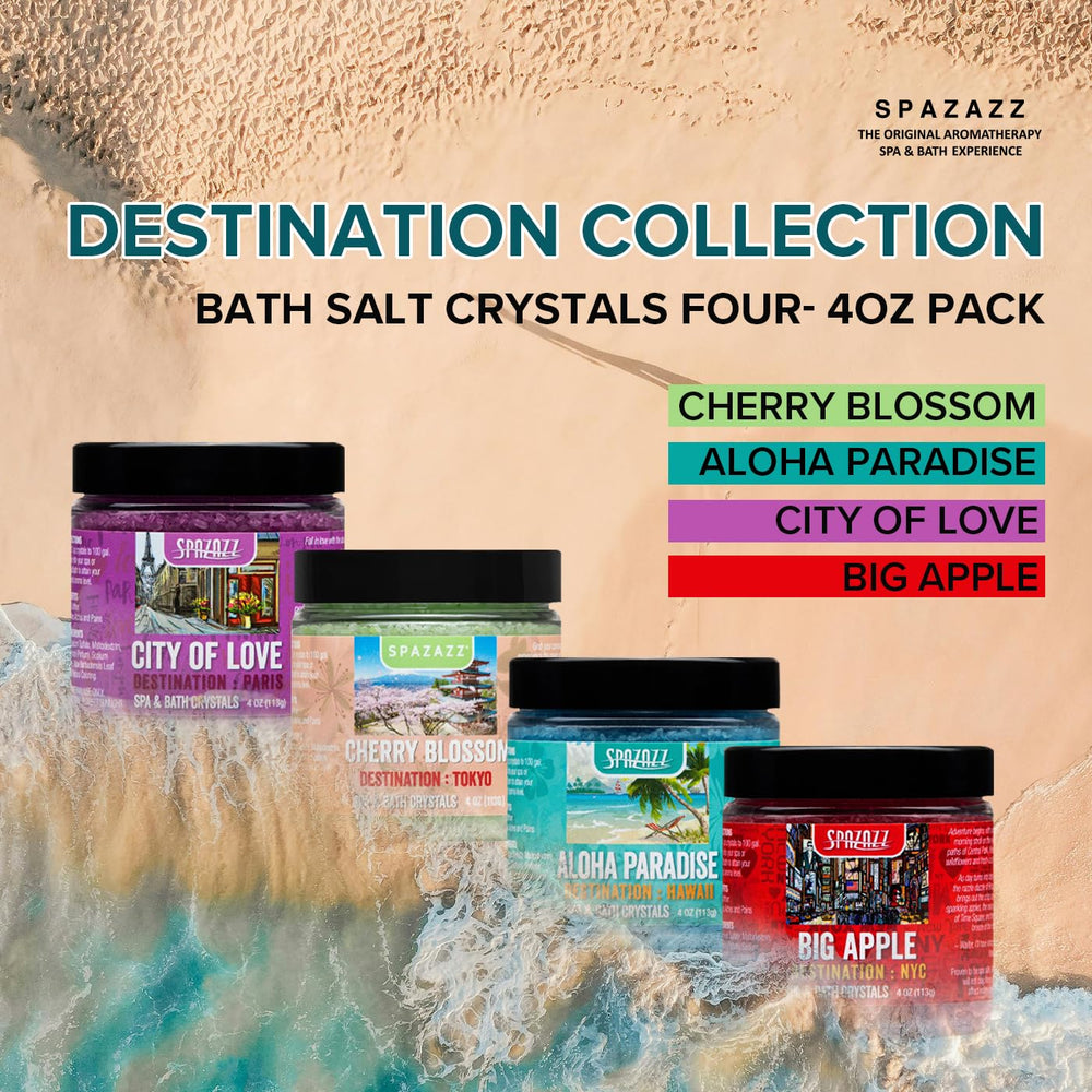 Spazazz destination bottles and crystals showcase premium aromatherapy in a tub.