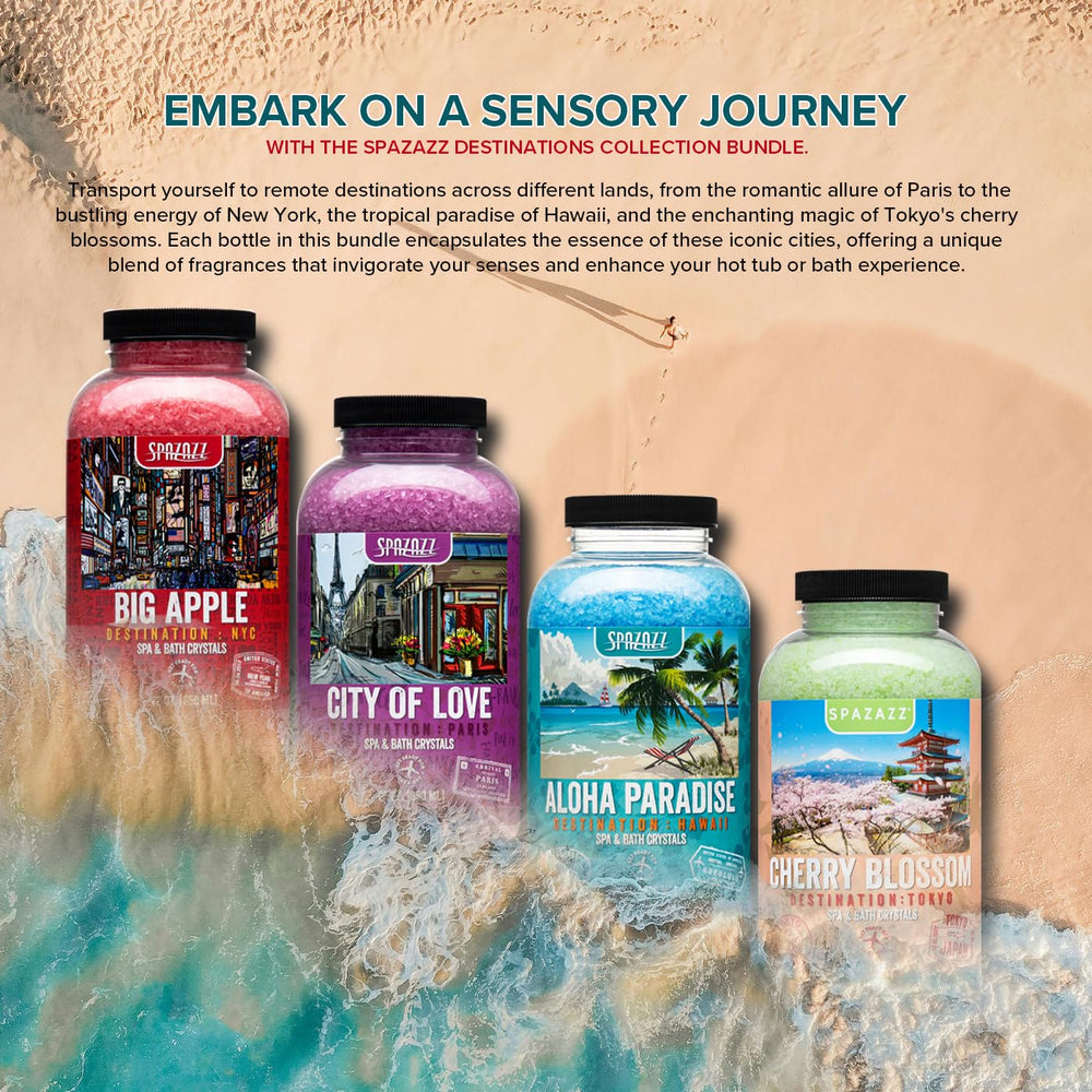 Spazazz Destinations Aloha Paradise jar closeup shows moisturizing botanicals for skin-friendly baths.