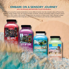 Spazazz Destinations Aloha Paradise jar closeup shows moisturizing botanicals for skin-friendly baths.