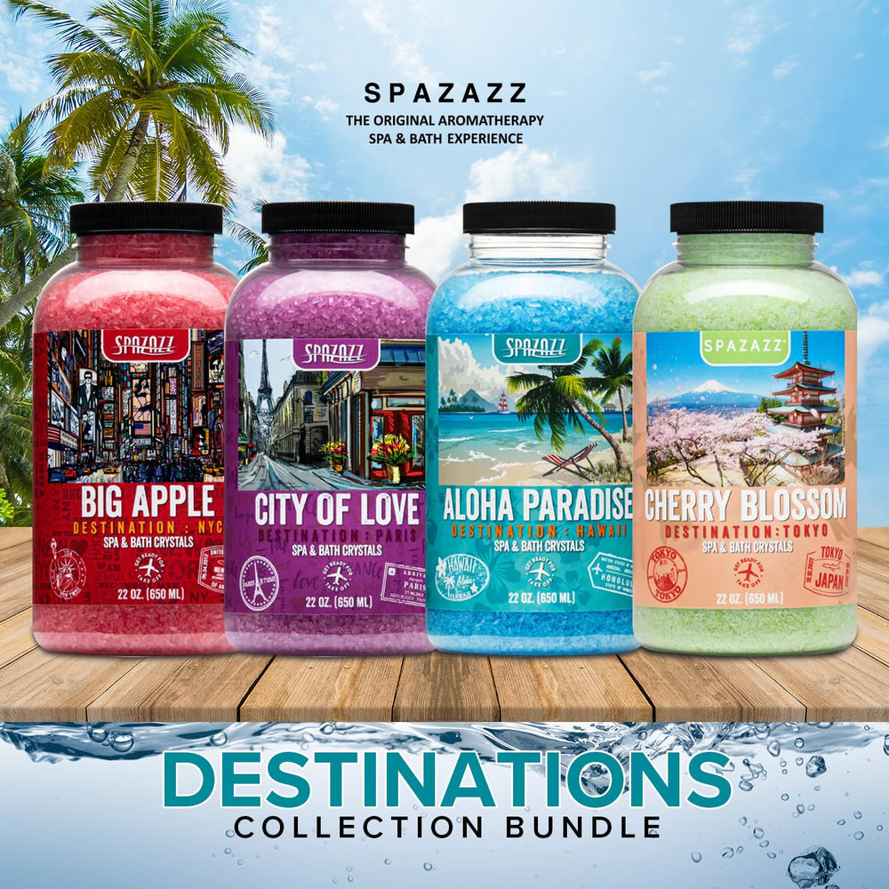 Spazazz Destinations Big Apple crystal bottle offers an energizing scent during evening soaks.