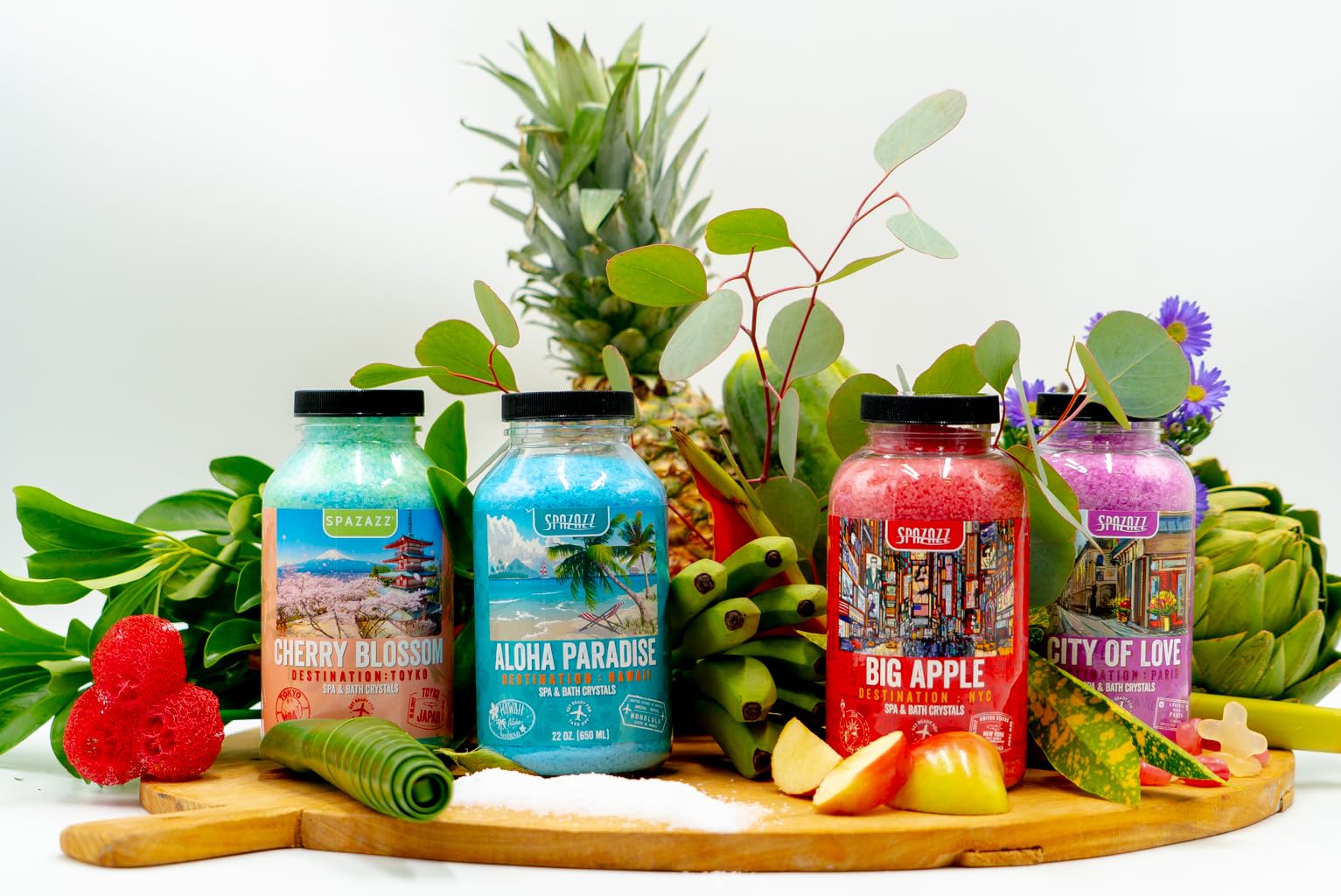 Spazazz Destinations City of Love jar closeup suggests calming, rosy ambiance for baths.