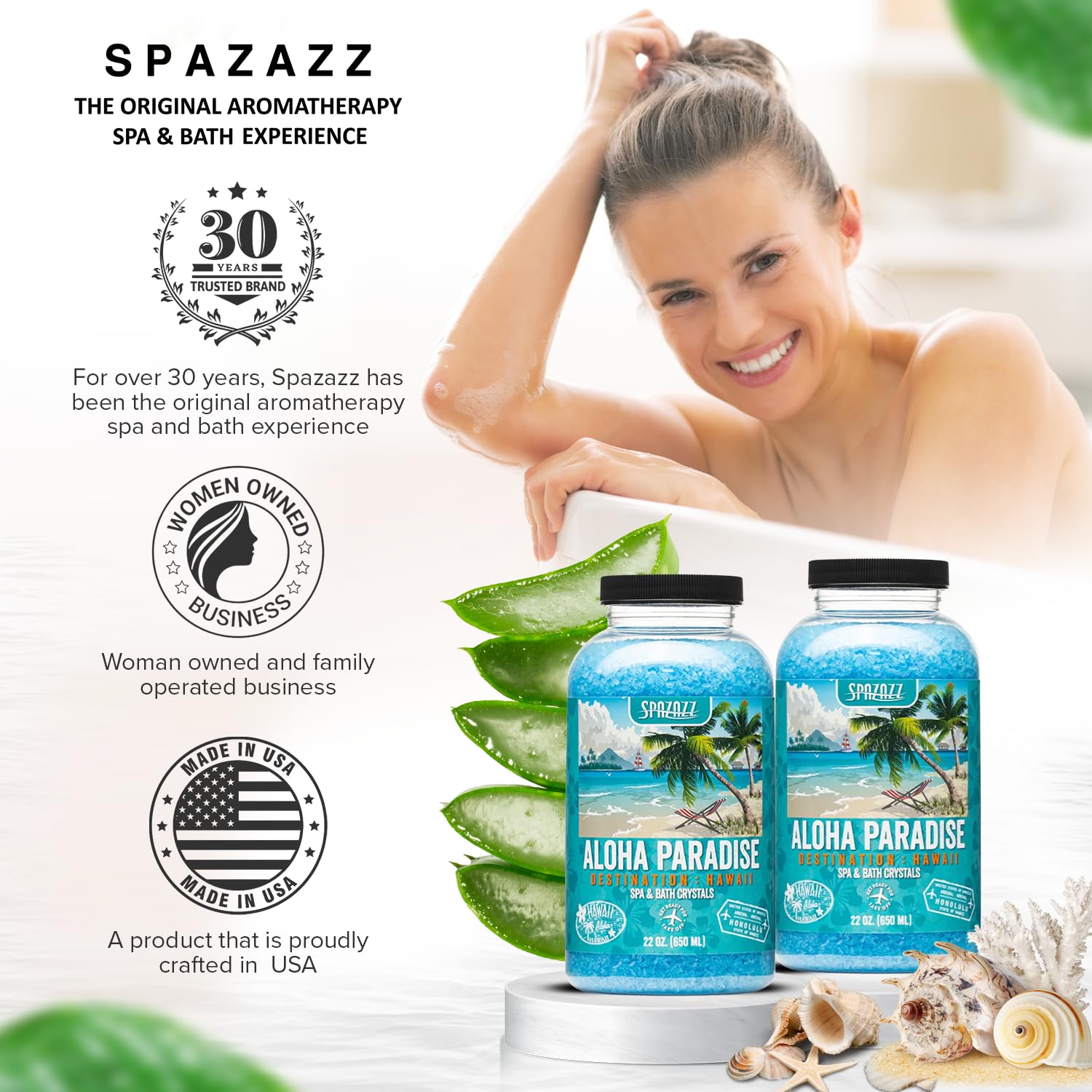 Spazazz Hawaii crystals with magnesium sulfate for spa-like relaxation.
