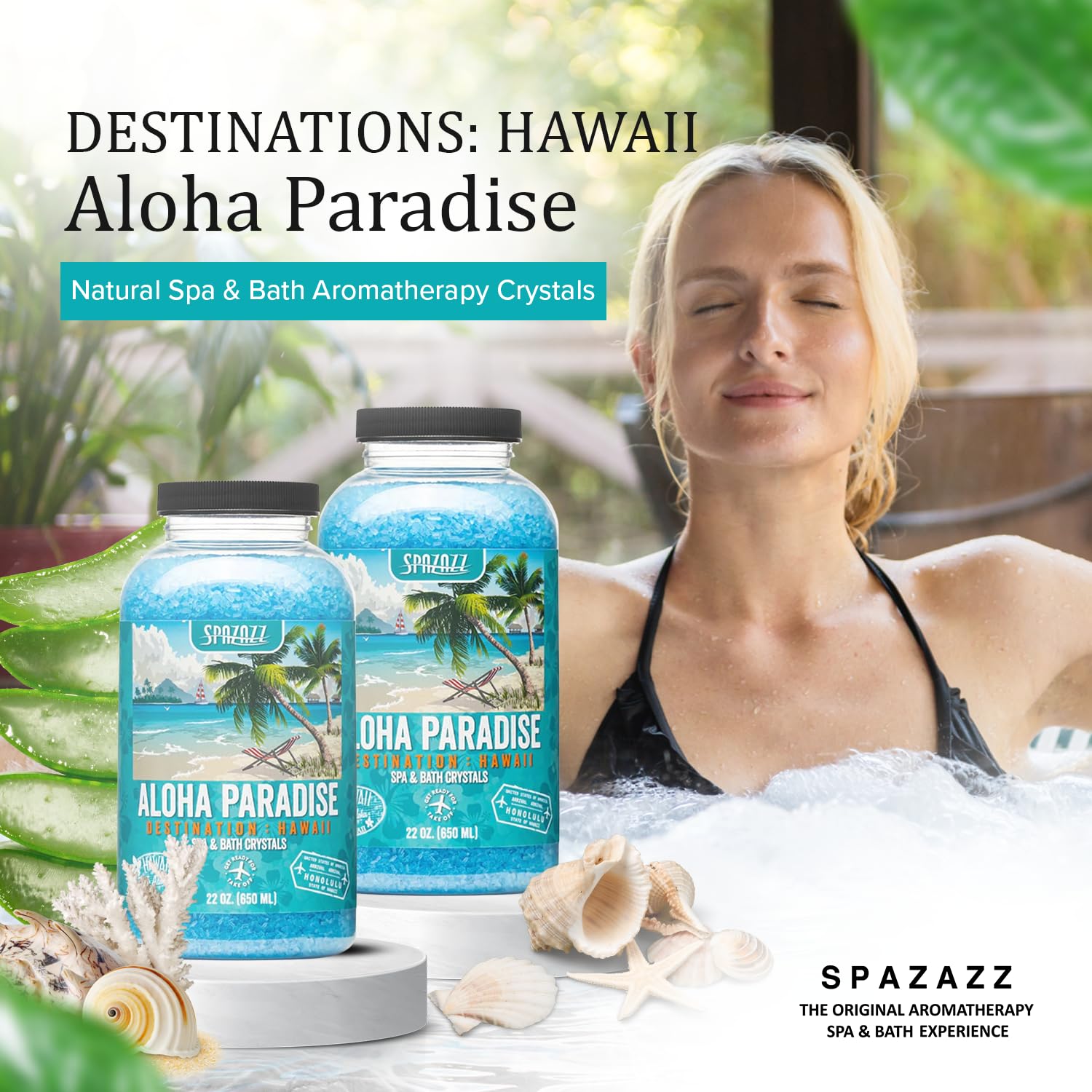 Spazazz Hawaii Aloha Paradise crystals in sunlit spa water.