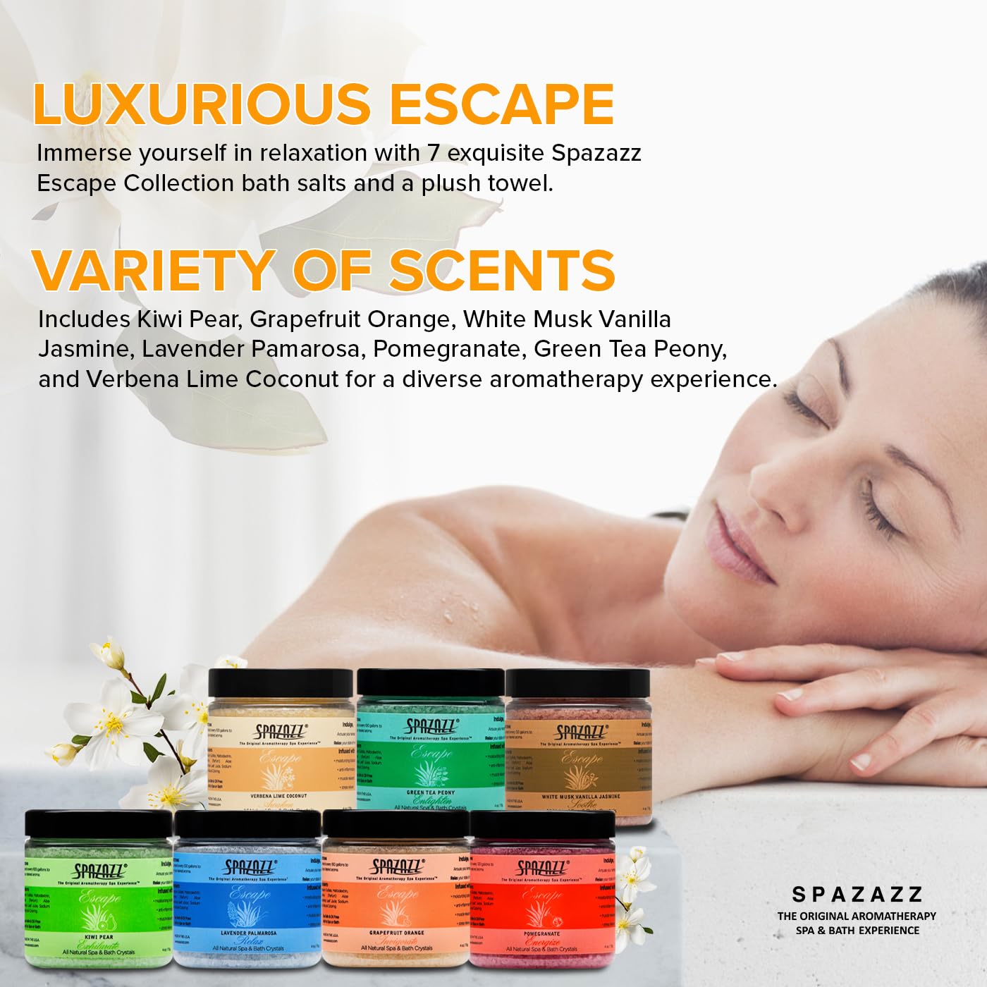 Spazazz Green Tea Peony salts provide fresh notes and minerals for skin-care benefits.