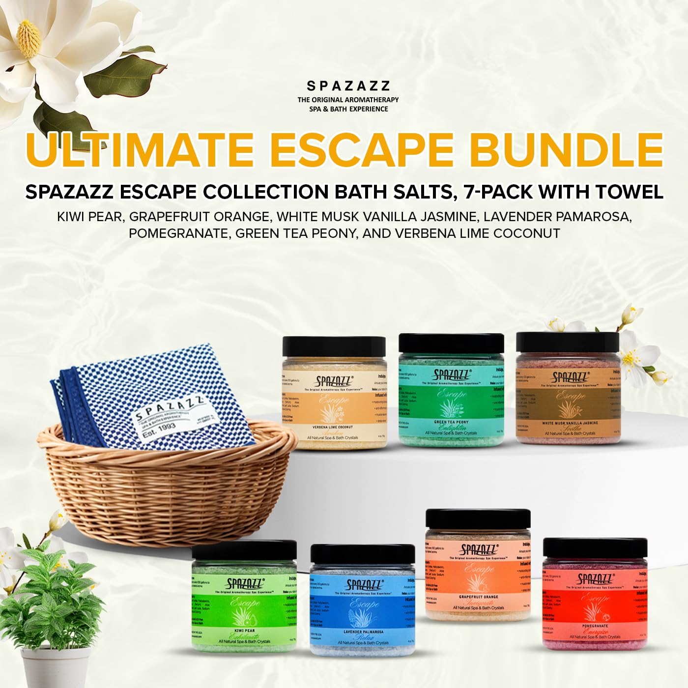 Spazazz White Musk Vanilla Jasmine salts offer soothing scent and calm ambiance.