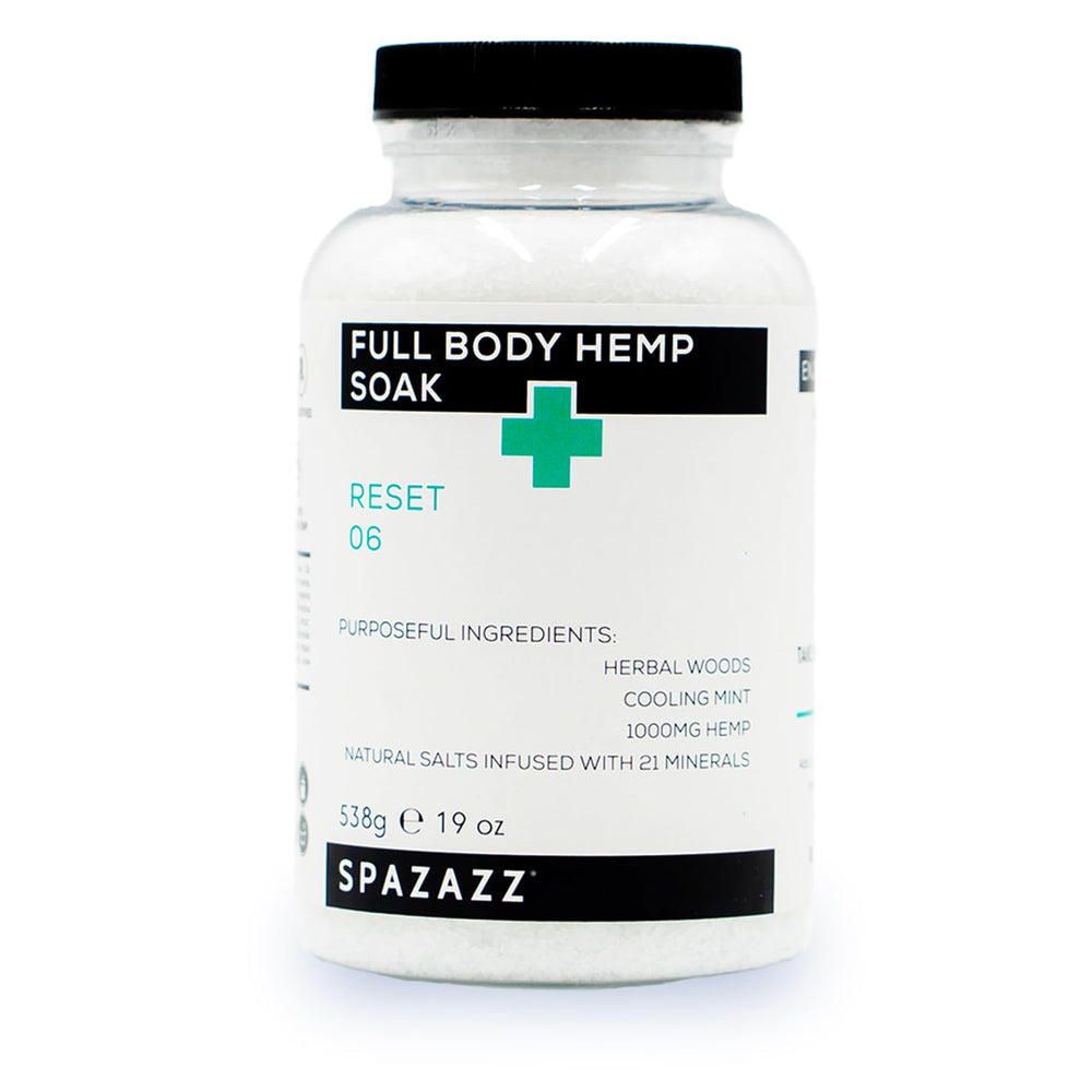 Spazazz full body hemp soak bath crystals offering a calming spa-like soak.