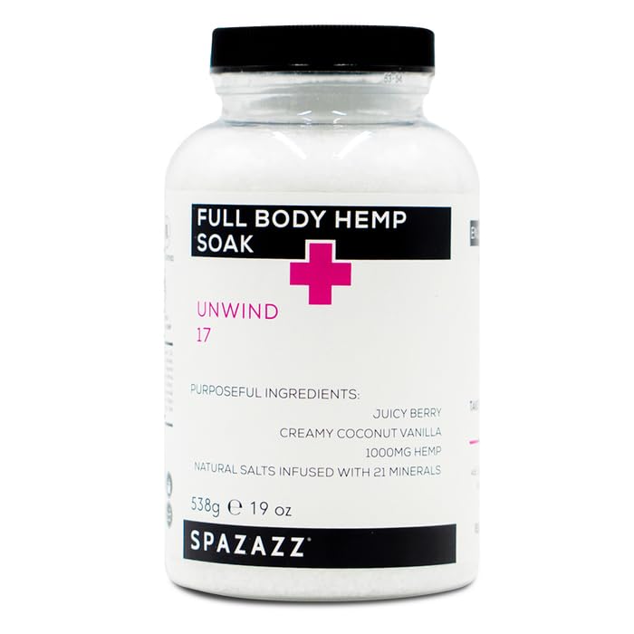 Spazazz Full Body Hemp Soak jar promotes a luxurious, aromatic bath experience.