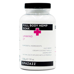 Spazazz Full Body Hemp Soak jar promotes a luxurious, aromatic bath experience.