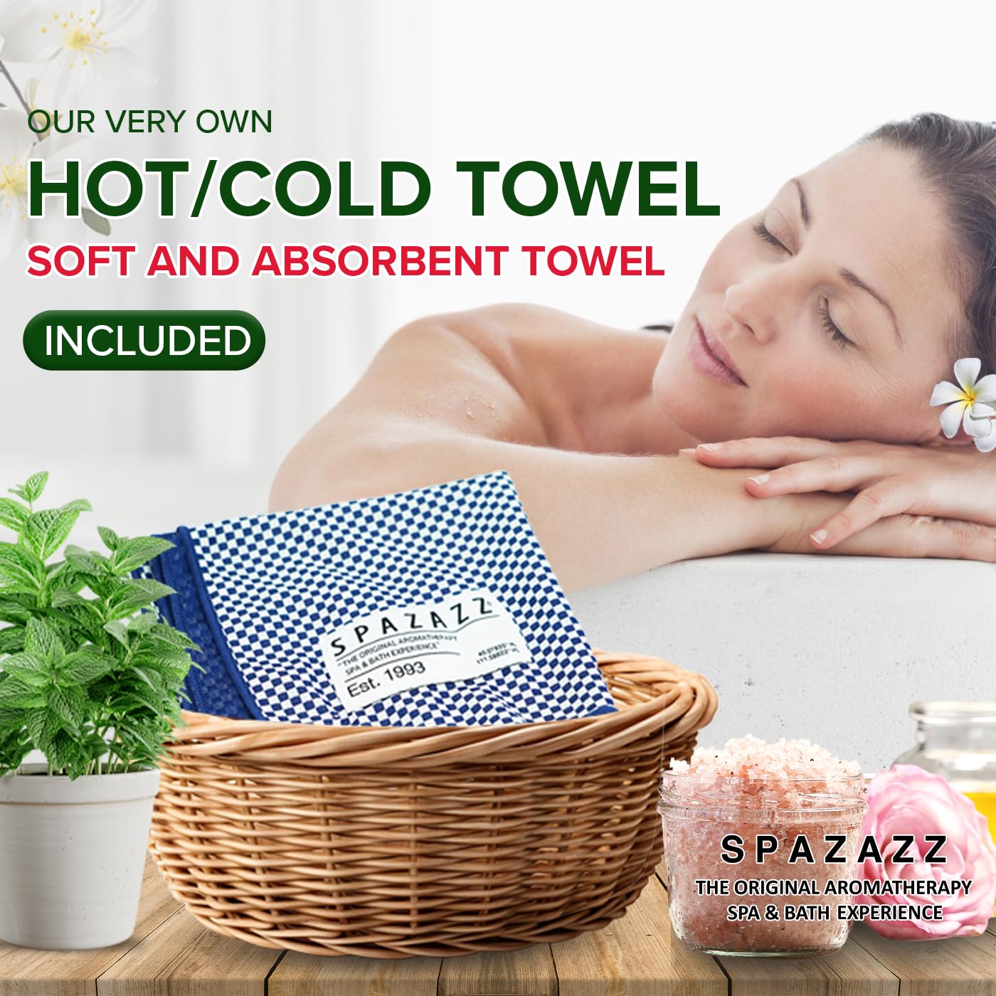 Spazazz Hot Cold towel included for comforting warmth after bathing.