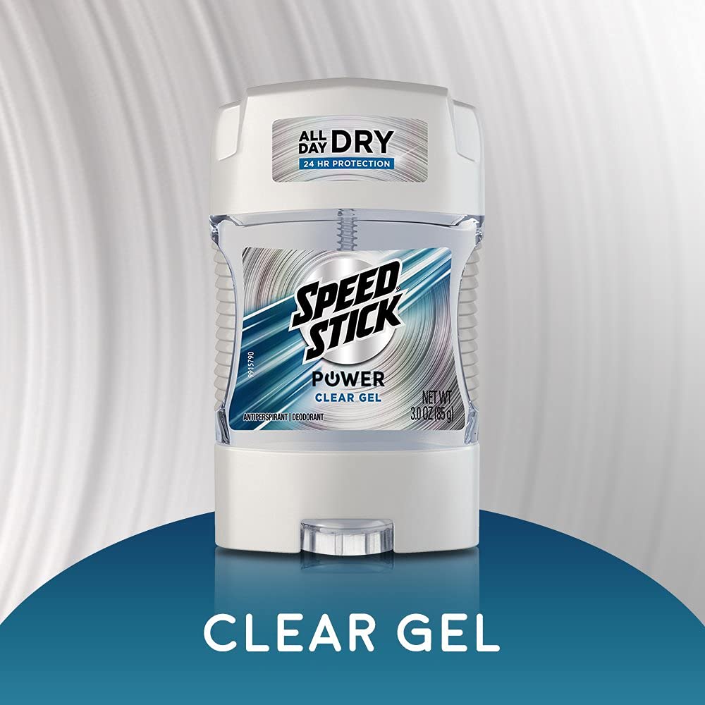 Speed Stick Power Clear Gel transparent formulation close-up illustrates non-sticky feel.