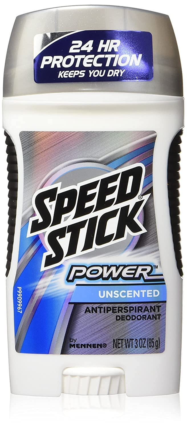 Speed Stick unscented solid 3oz packaging shows all-day protection.