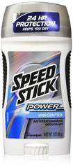 Speed Stick unscented solid 3oz packaging shows all-day protection.
