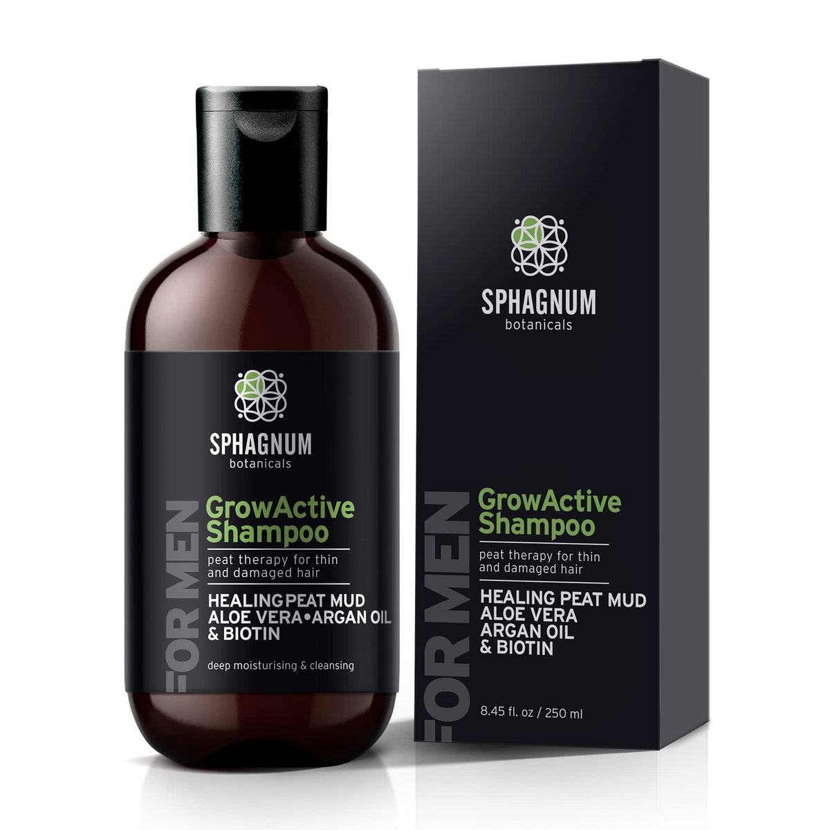 Sphagnum Botanicals Hair Growth Shampoo bottle on wood for stronger-looking hair.