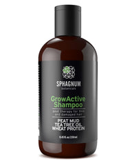 Sphagnum Botanicals Hair Growth Shampoo bottle demonstrates mineral-rich peat for scalp balance.