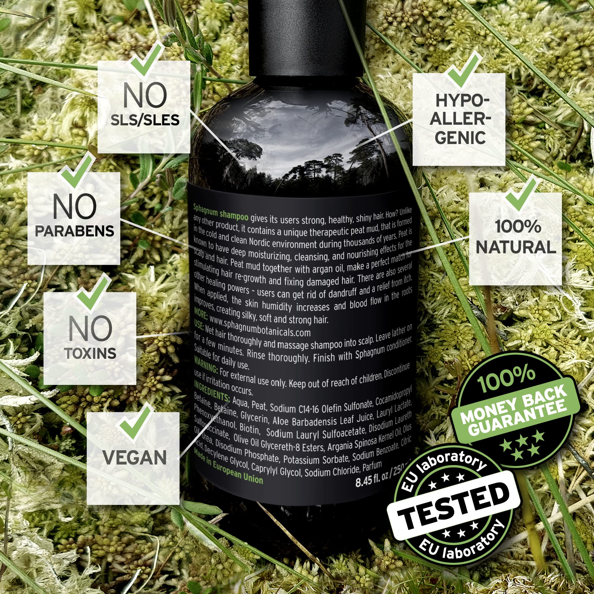 Sphagnum Botanicals Hair Growth Shampoo tea tree ingredient close-up for scalp refreshment.