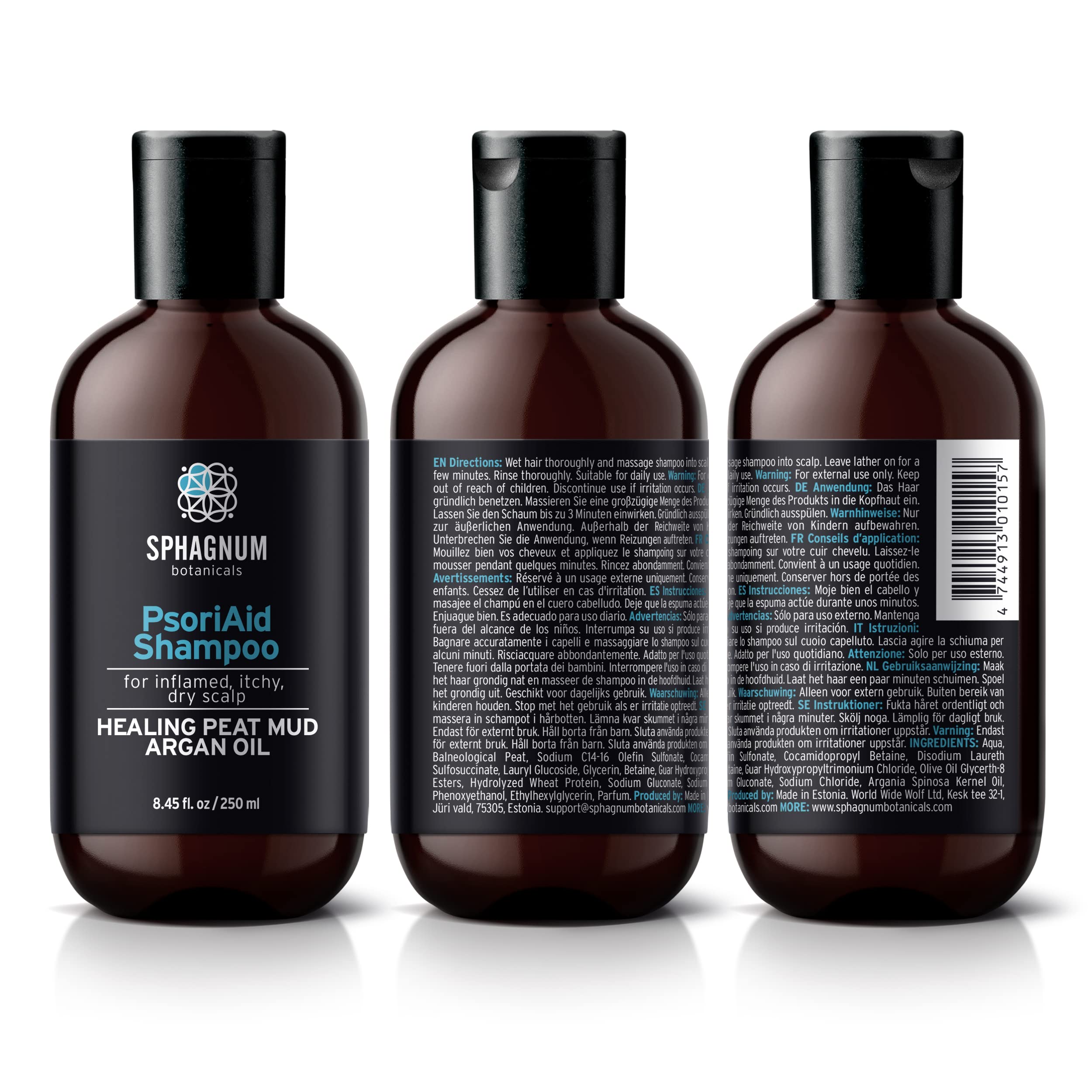 Sphagnum Botanicals bottle on sink suggests healthier-looking hair and scalp.