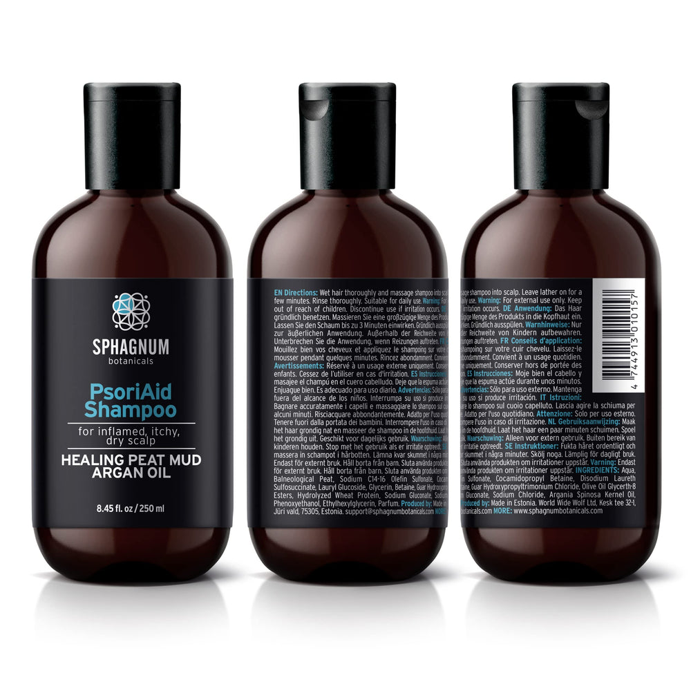 Sphagnum Botanicals bottle on sink suggests healthier-looking hair and scalp.