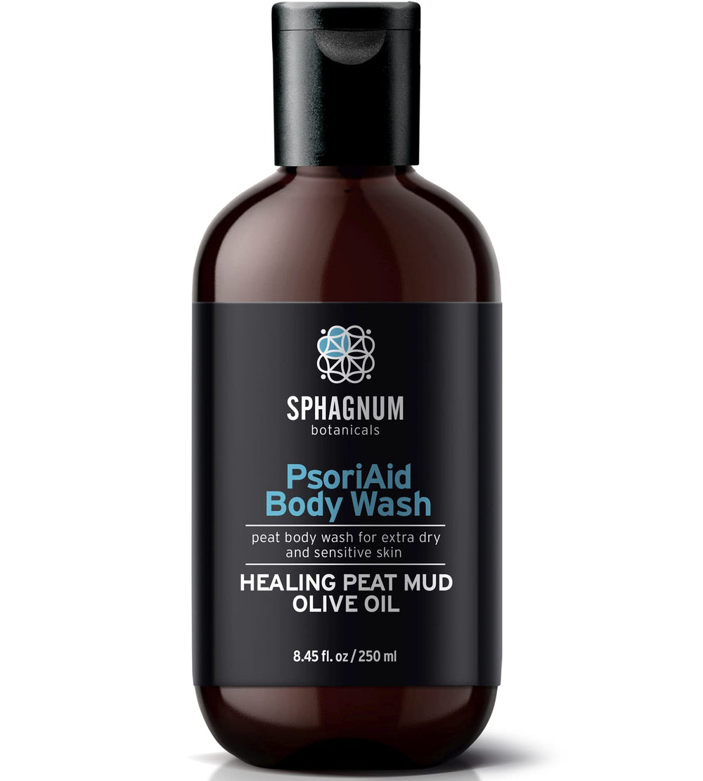 Sphagnum Botanicals Psoriasis Body Wash bottle with peat mud and olive oil for dry, itchy skin relief