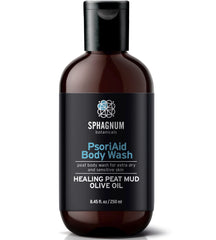 Sphagnum Botanicals Psoriasis Body Wash bottle with peat mud and olive oil for dry, itchy skin relief