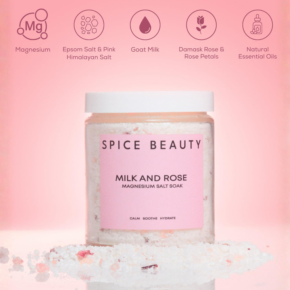 SPICE BEAUTY Goat Milk & Rose soak bath scene delivering spa-like calm at home.